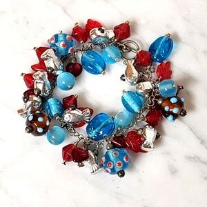 Art Glass Charm Bracelet Blue Red Silver Tone Toggle Beachy Fish Mixed Media